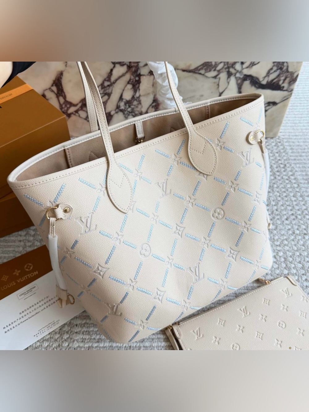 L V MM Neverfull Embossed Tote with Pouch